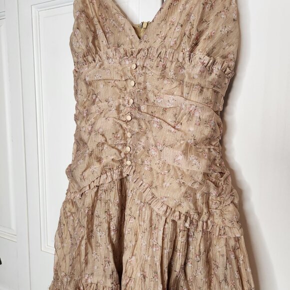 Storia Floral Tiered Midi Dress Cottagecore Boho Ruffle Tan Size M - Picture 3 of 12